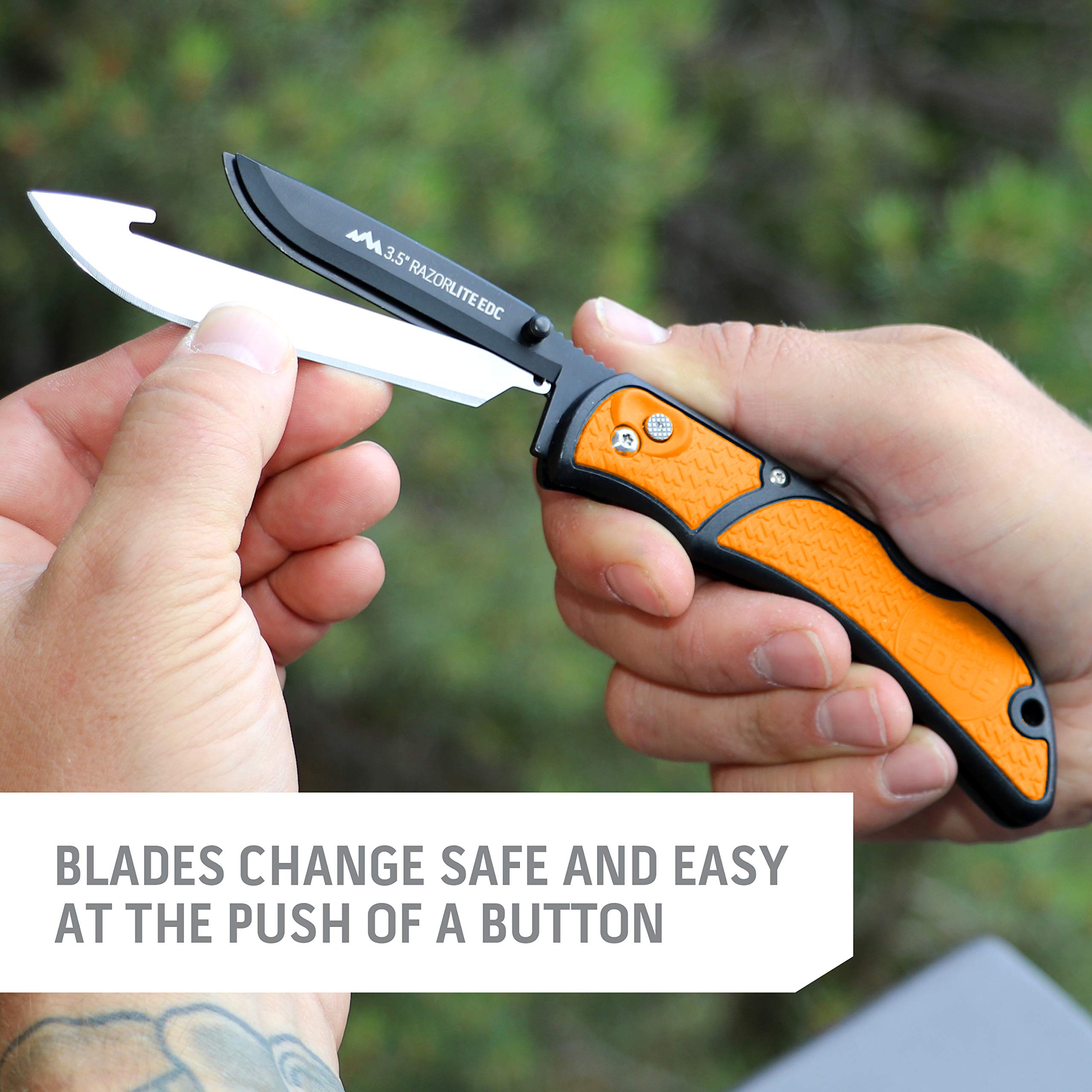 Outdoor Edge RazorSafe drop-point blade detail shows precise point.