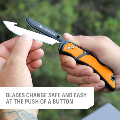 Outdoor Edge RazorSafe drop-point blade detail shows precise point.