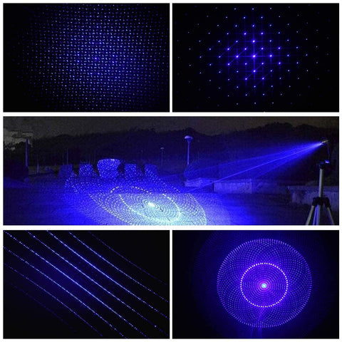 Long-Range Blue-Light Flashlight packaging includes batteries, charger, and glasses