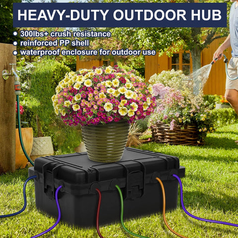 OUTDSPLY IP54 waterproof box open with cables organized for safe connections.