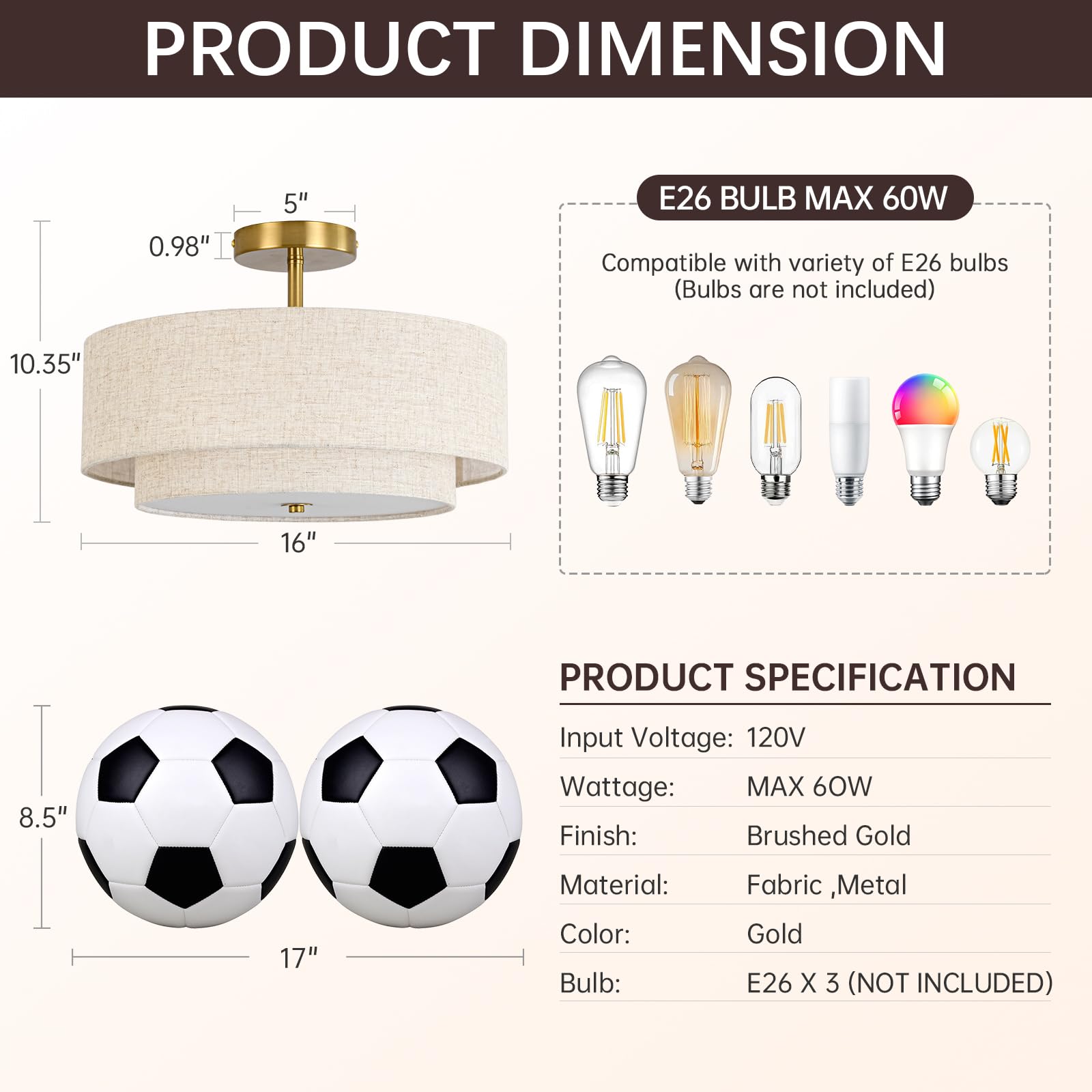 Outiron 3-light gold drum ceiling light with brushed metal finish