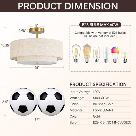 Outiron 3-light gold drum ceiling light with brushed metal finish