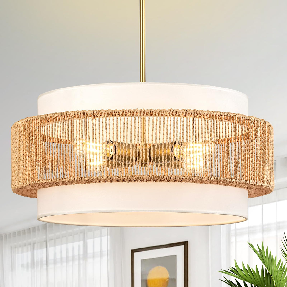 Outiron boho rattan chandelier with fabric shade close-up on weave and finish