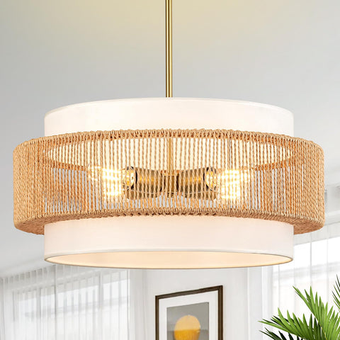 Outiron boho rattan chandelier with fabric shade close-up on weave and finish