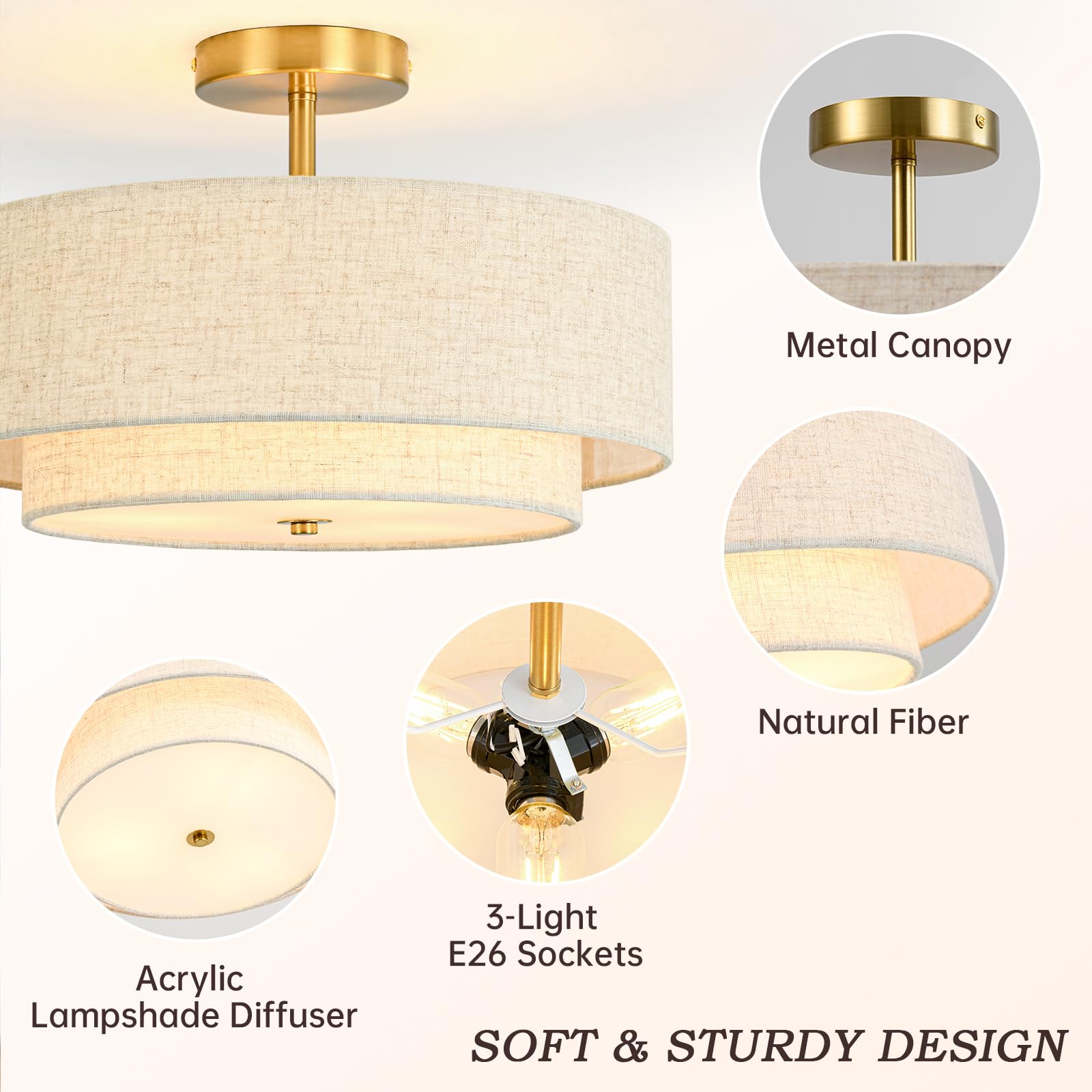Outiron brushed gold metal frame with linen drum shade