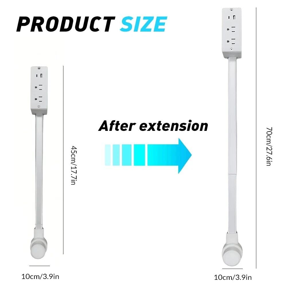 Outlet Extender Stick extended to reach wall outlets behind a desk.