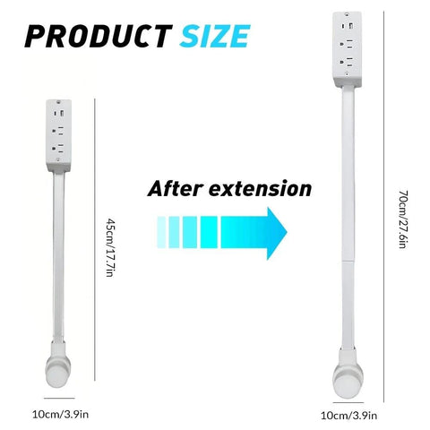 Outlet Extender Stick extended to reach wall outlets behind a desk.