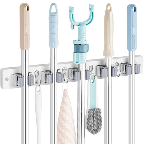 OUTNILI mop and broom holder wall mount in white keeps tools within easy reach