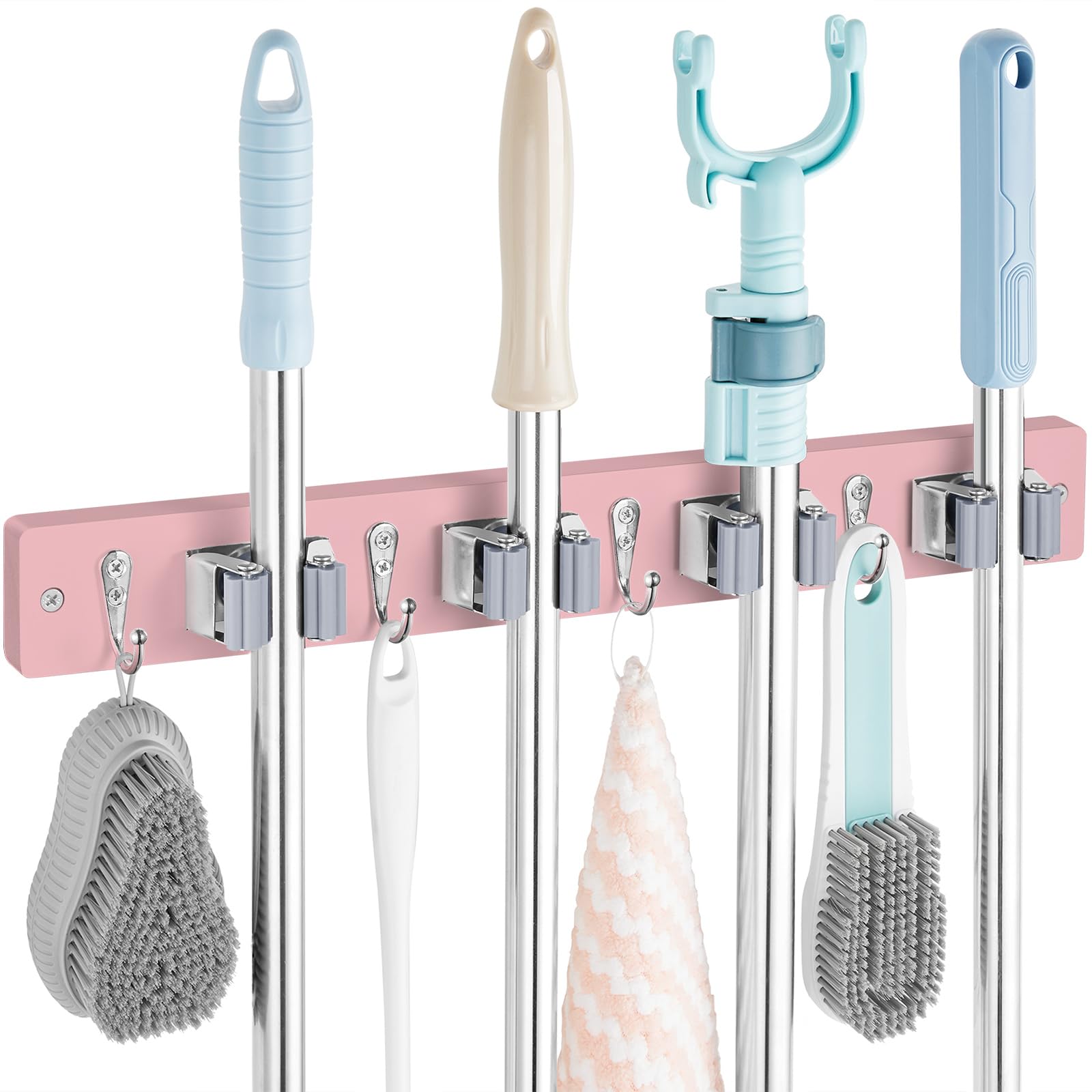 OUTNILI pink mop holder wall mount with 4 slots and 4 hooks keeps tools within reach