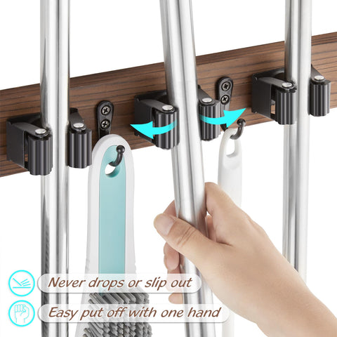 Close-up of stainless steel clips securing tools