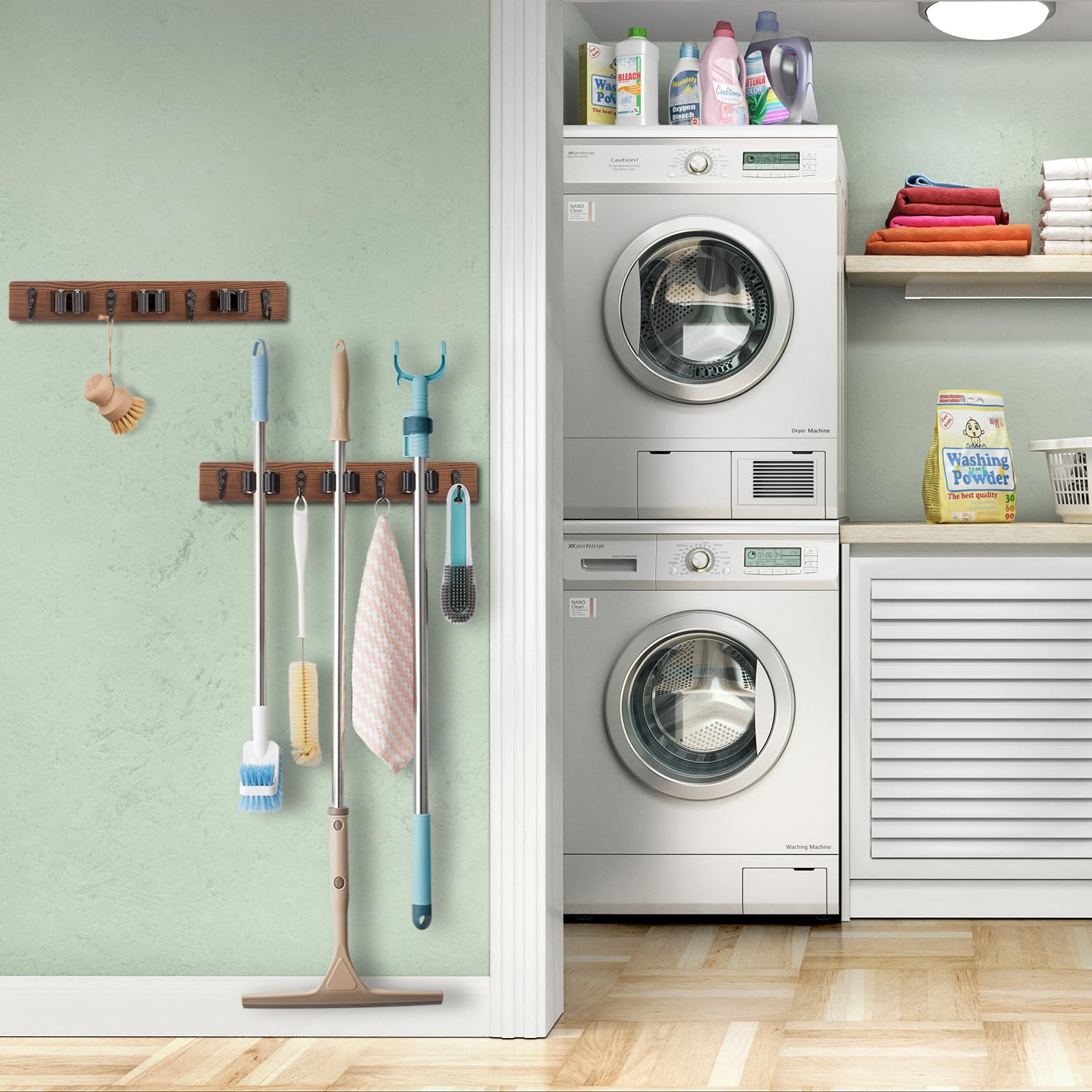 OUTNILI 4-hook design secures brooms, mops, and dustpans