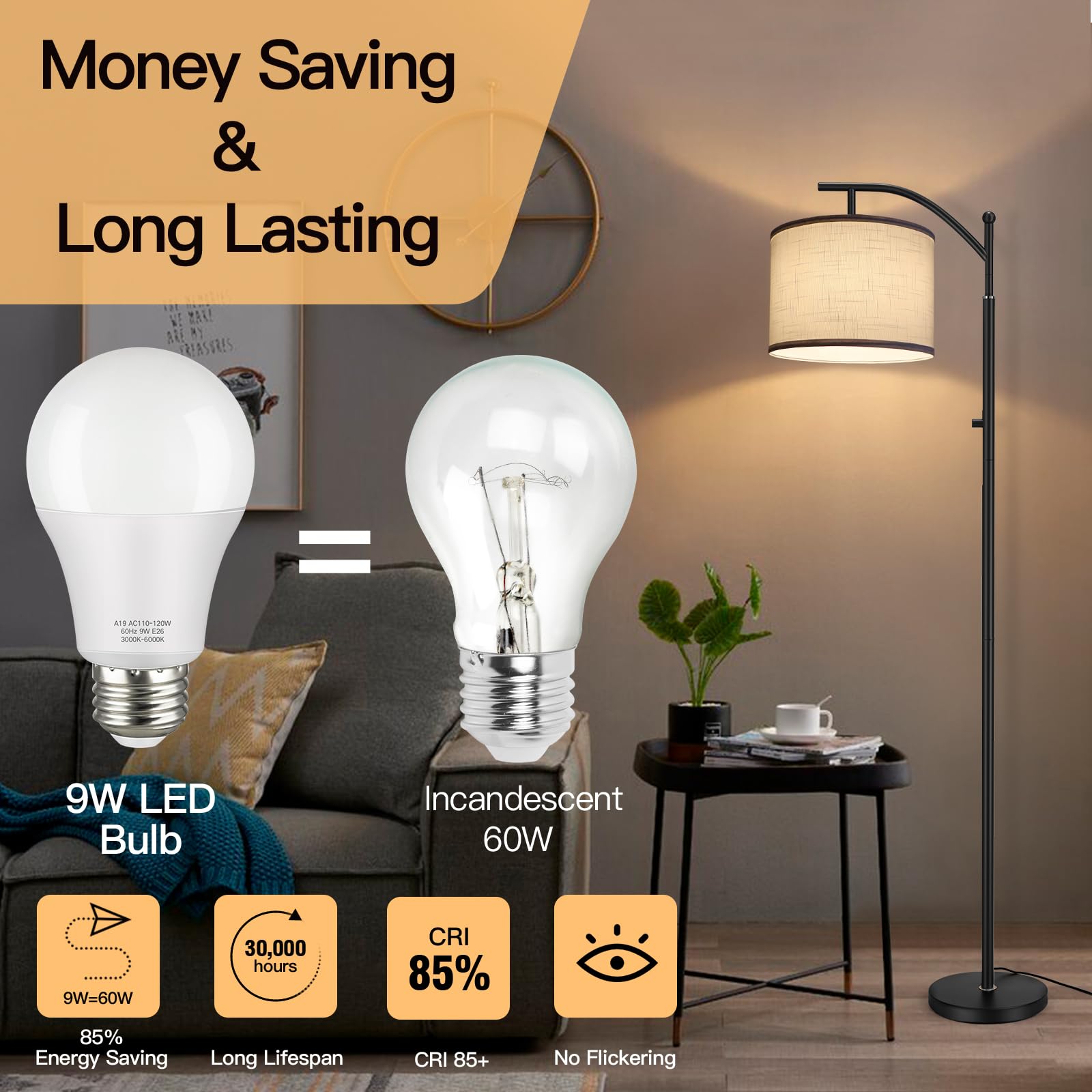 OUTON A19 LED bulb dimmable to create mood lighting from bright to cozy.