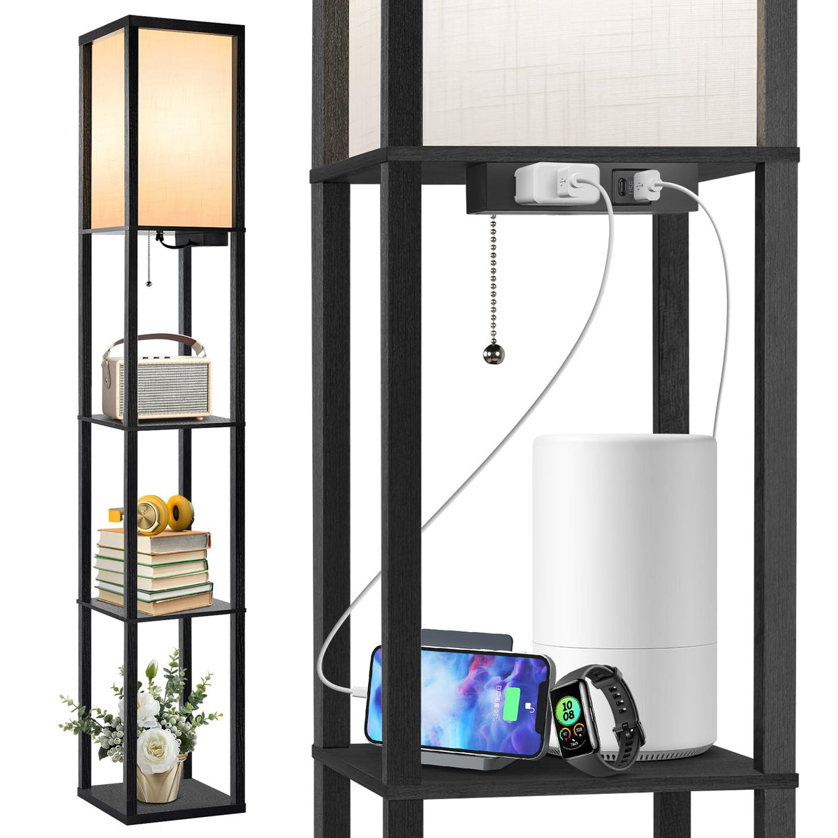 OUTON floor lamp with shelves and wood column in full view, ideal living room centerpiece
