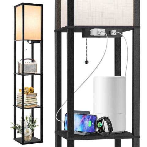OUTON floor lamp with shelves and wood column in full view, ideal living room centerpiece