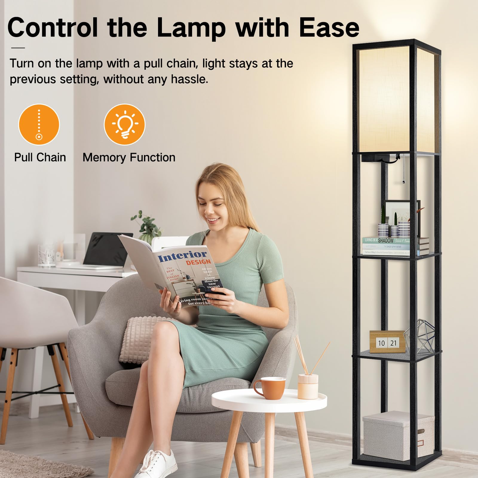 Display shelves on OUTON lamp used for photos and plants