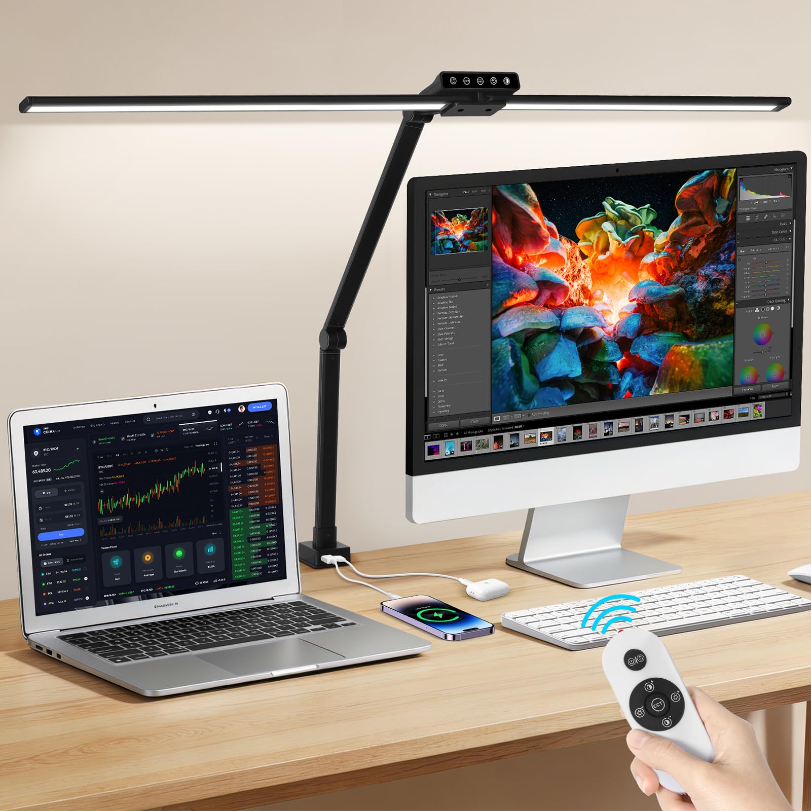 OUTON LED desk lamp with remote control for easy brightness and color adjustment.
