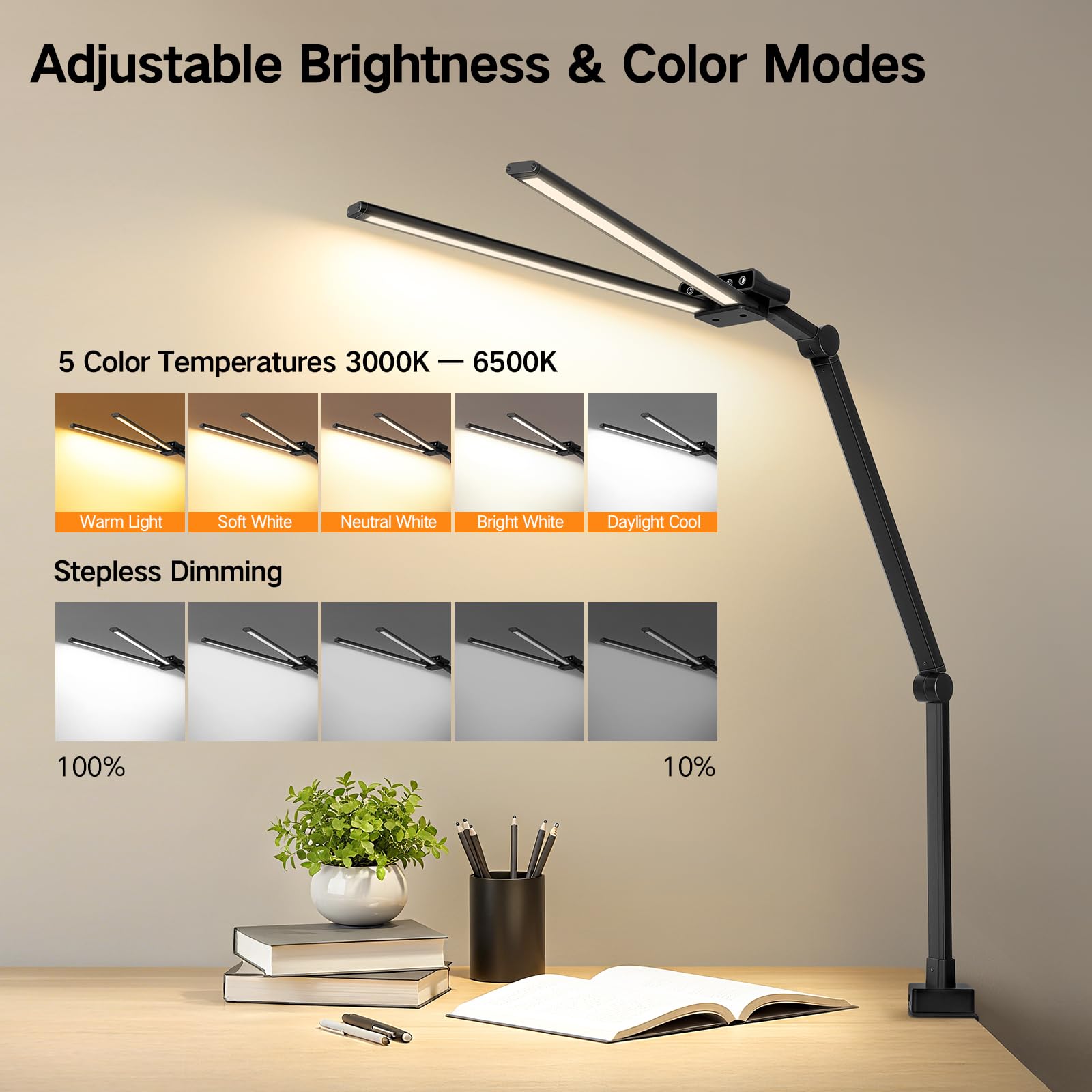 OUTON LED desk lamp with stepless dimming from 10% to 100%.