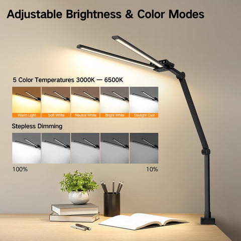 OUTON LED desk lamp with stepless dimming from 10% to 100%.