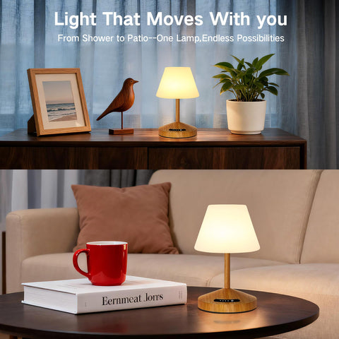 OUTON LED table lamp with dimmable wood finish supports reading and relaxing at night.