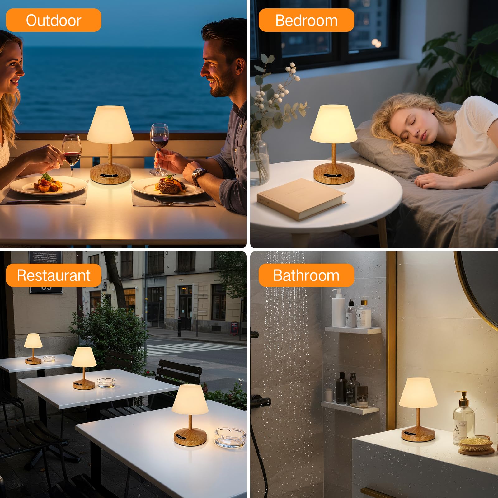 OUTON outdoor-friendly, splash-proof lamp suitable for patio and shower setups.