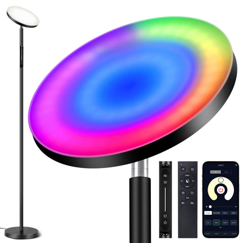 OUTON Smart RGB Floor Lamp with dynamic colors enhances living room ambiance.
