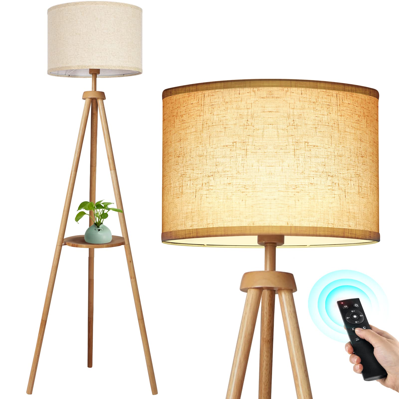 OUTON wood tripod floor lamp with shelves showing a stylish storage and ambient lighting setup