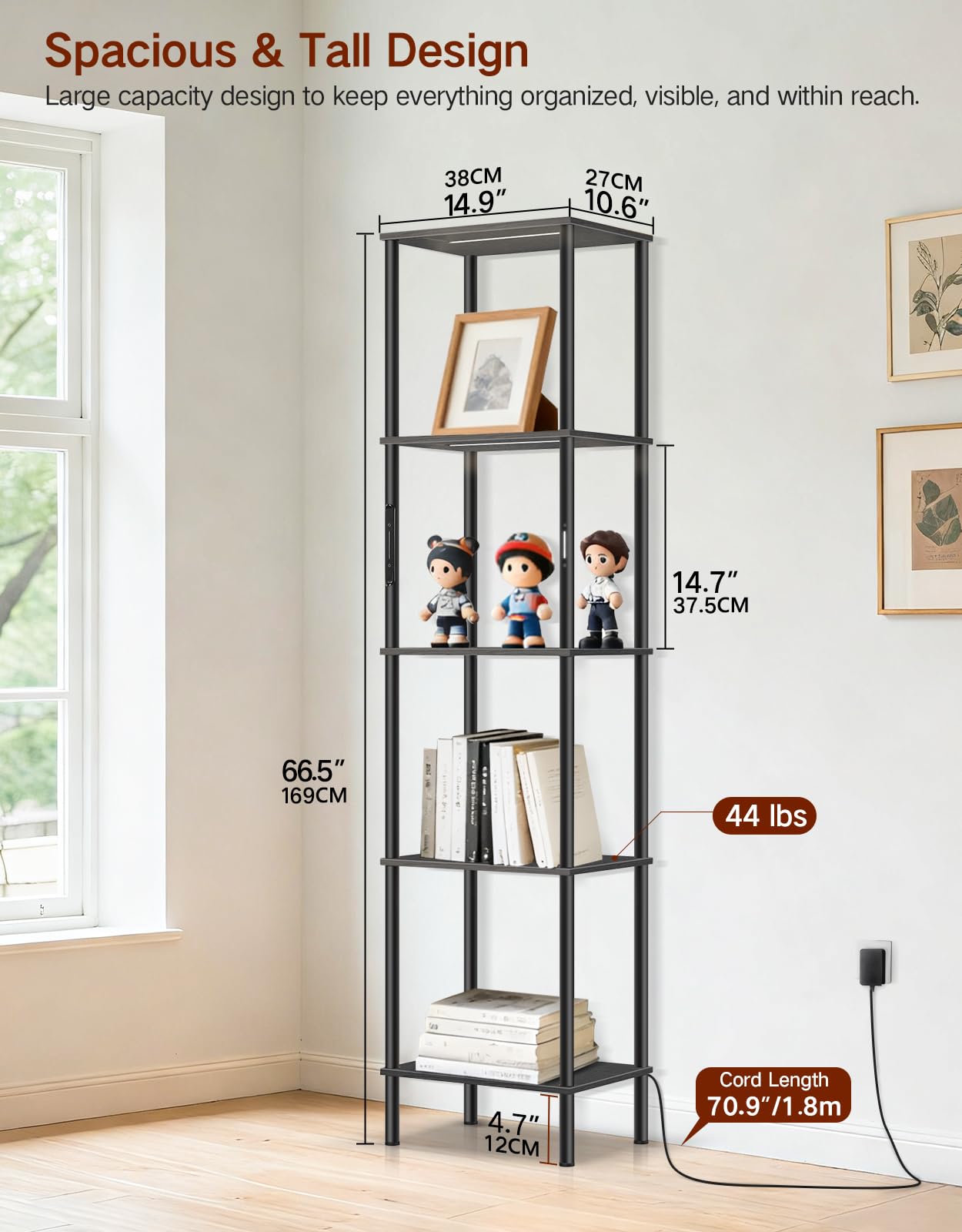 OUTONLIFE tall display shelf with open-book design keeps decor accessible and stylish.