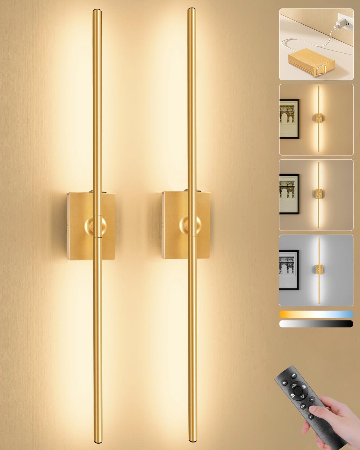 Ouyulong battery wall sconces in gold, front view creating warm ambiance