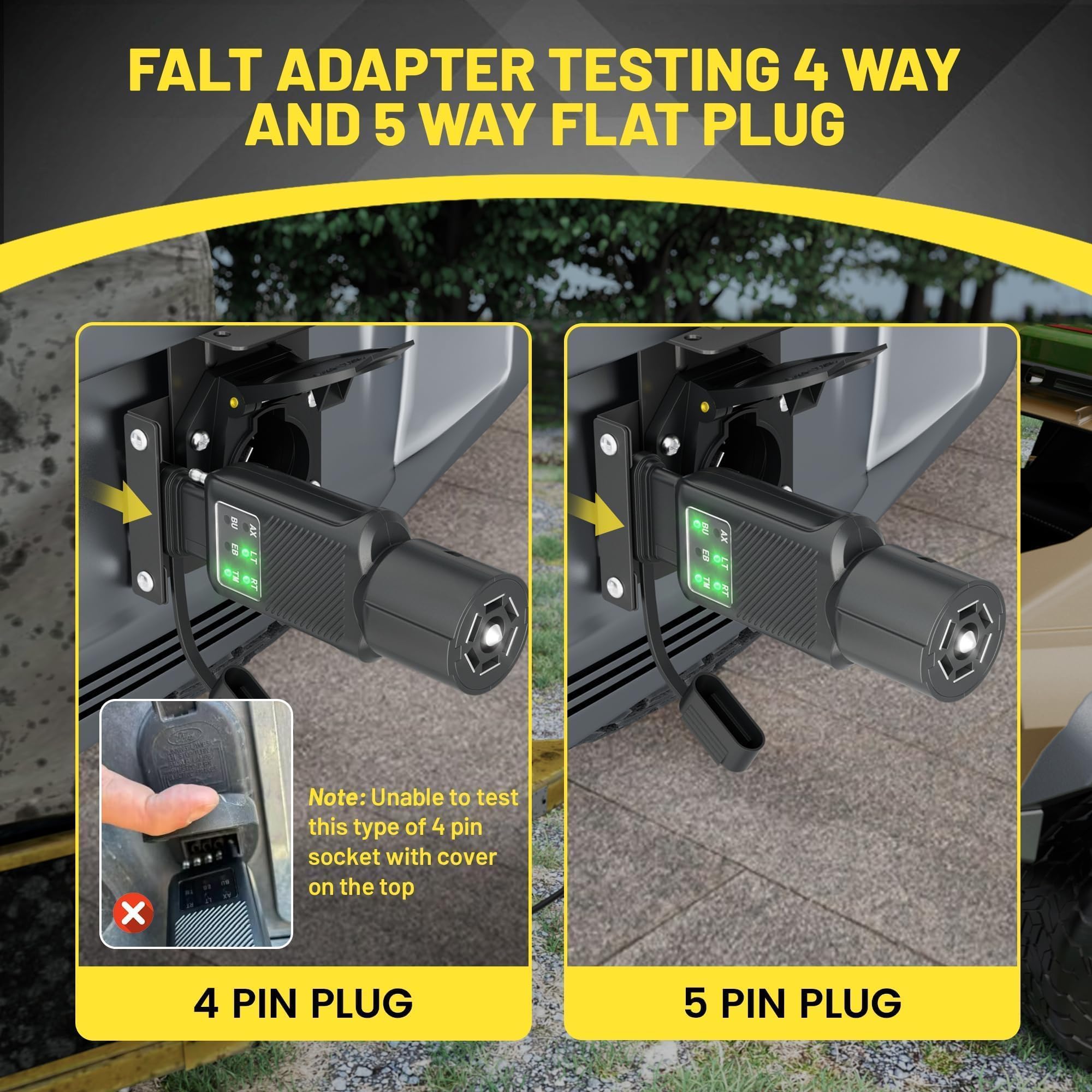 Oyviny 5-pin flat tester verifying taillights and signals on flat trailers.