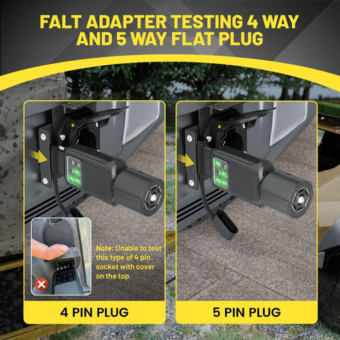 Oyviny 5-pin flat tester verifying taillights and signals on flat trailers.