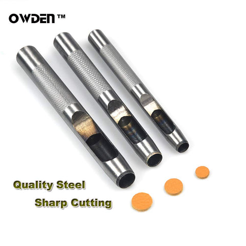 OWDEN leather-hole demo shows crisp holes in sample leatherwork