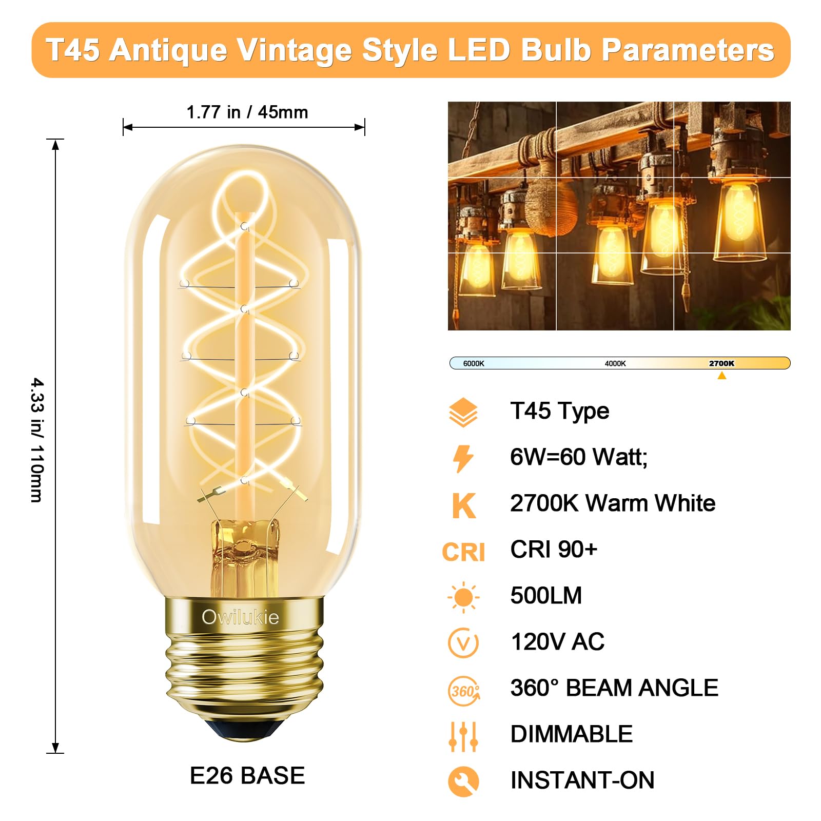 Owilukie E26 dimmable LED bulb for smooth brightness control.
