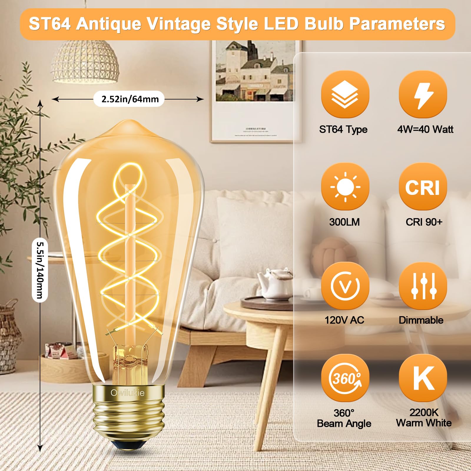 Owilukie ST64 Edison filament evokes vintage vibe with modern LED efficiency.