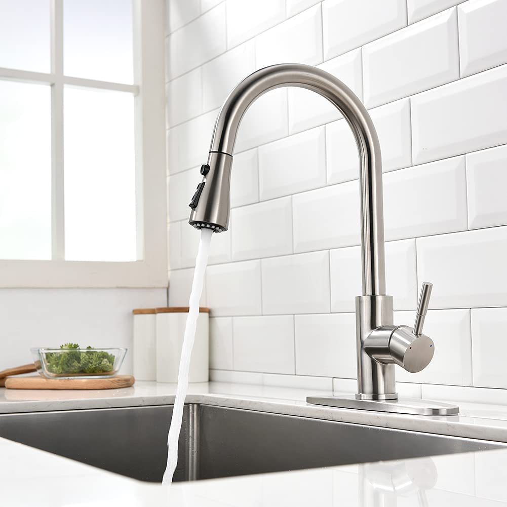 OWOFAN brushed nickel kitchen faucet reaches 18 inches with pull-down sprayer.