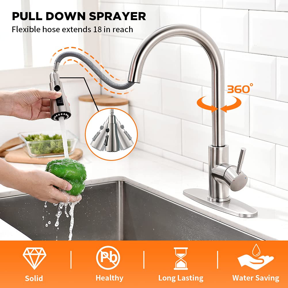 OWOFAN brushed nickel kitchen faucet 360-degree swivel for easy sink access.
