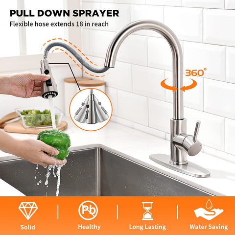 OWOFAN brushed nickel kitchen faucet 360-degree swivel for easy sink access.