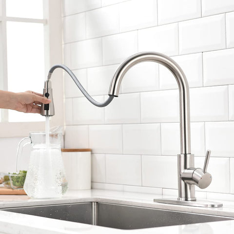 OWOFAN brushed nickel kitchen faucet ideal for busy kitchens with efficient spray options.
