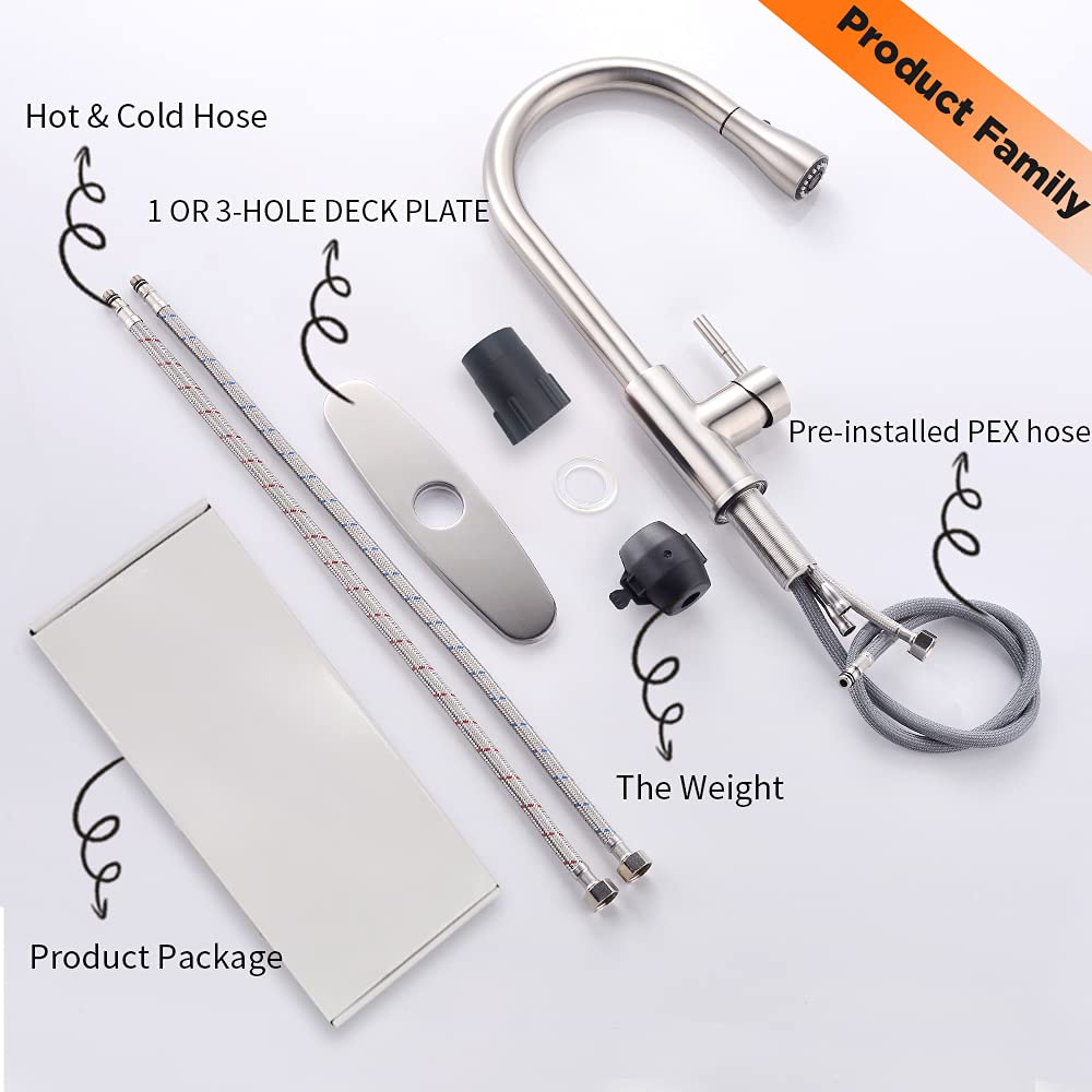 OWOFAN brushed nickel kitchen faucet with PEX inner hoses for durable water delivery.
