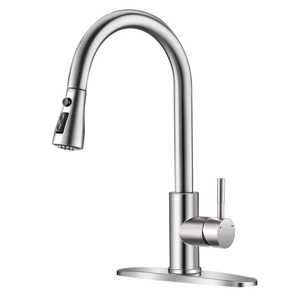 OWOFAN brushed nickel kitchen faucet with pull-down sprayer for versatile reach.