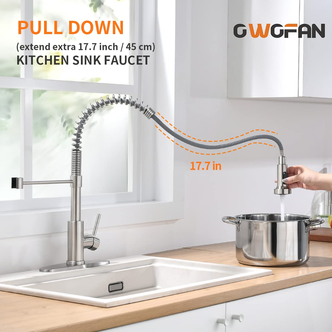 High-arc spout design of OWOFAN kitchen faucet for tall cookware.