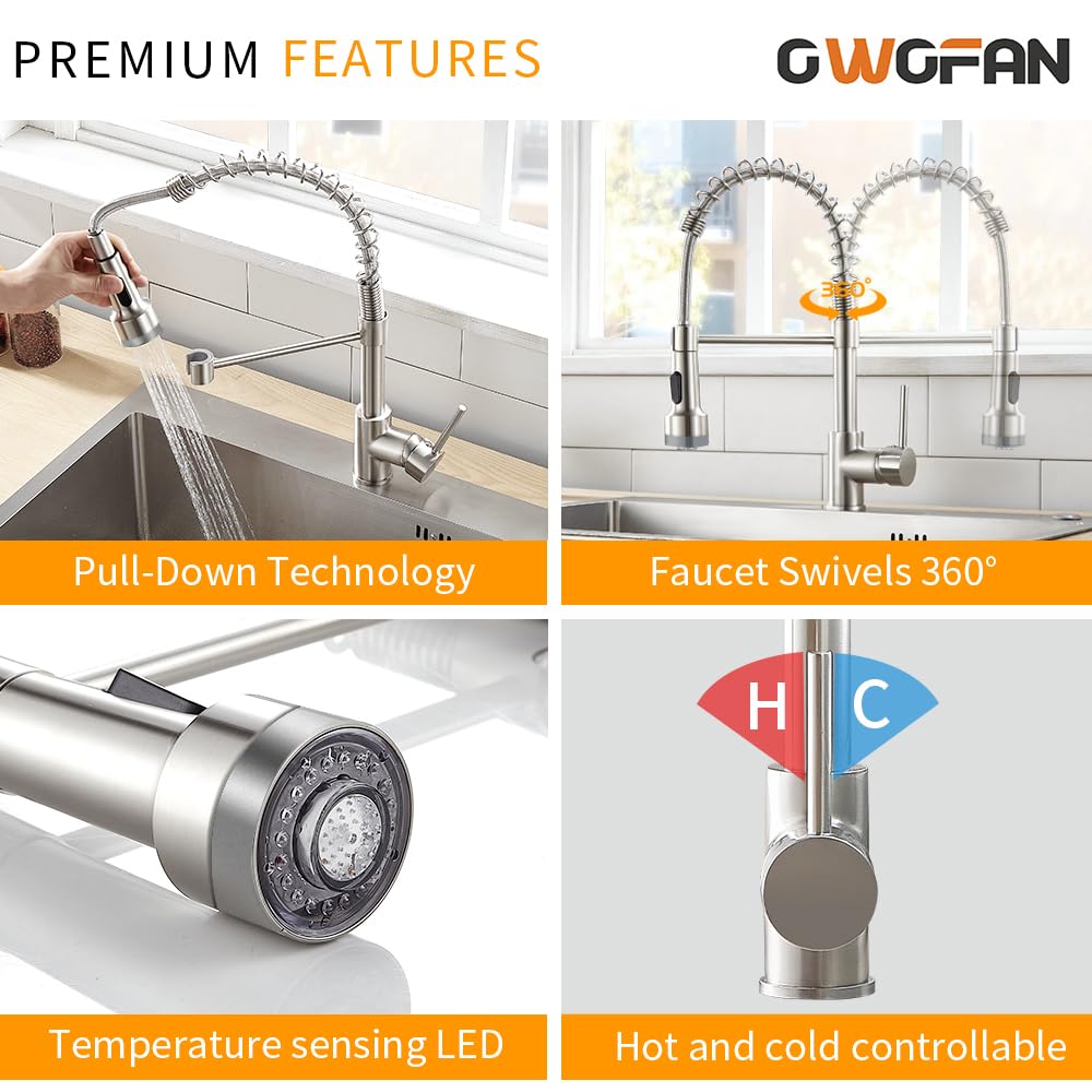 OWOFAN kitchen faucet in use, showing reach and spray flexibility