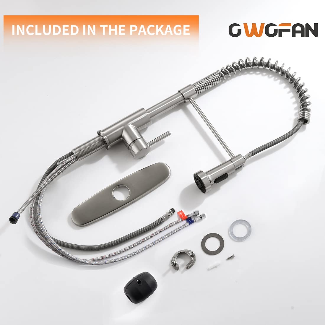 Extended pull-out hose on OWOFAN faucet reaching across the sink.
