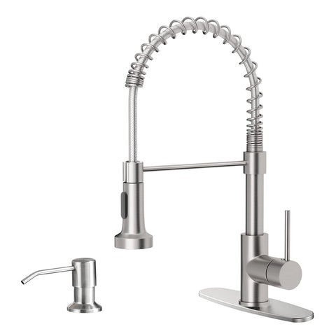 OWOFAN kitchen sink faucet with pull-down sprayer in brushed nickel finish for easy rinsing