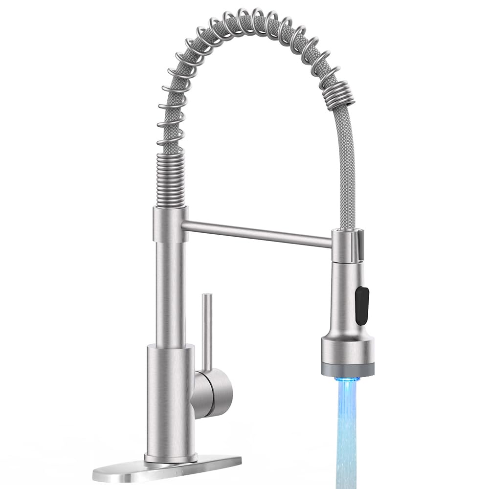 OWOFAN LED light kitchen faucet with pull-down sprayer in action for precise rinsing