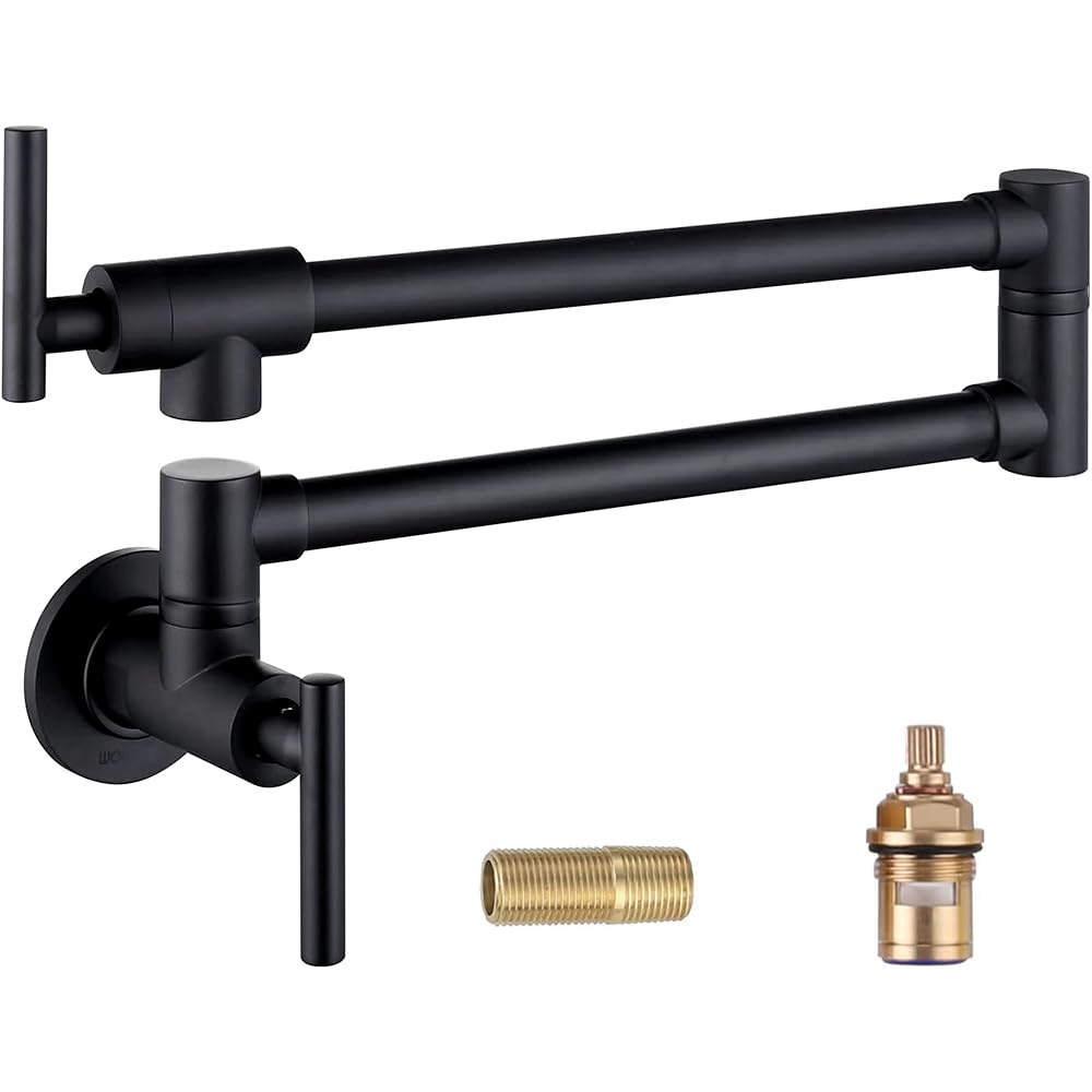 OWOFAN pot filler faucet with matte black wall mount for easy stove filling during cooking.