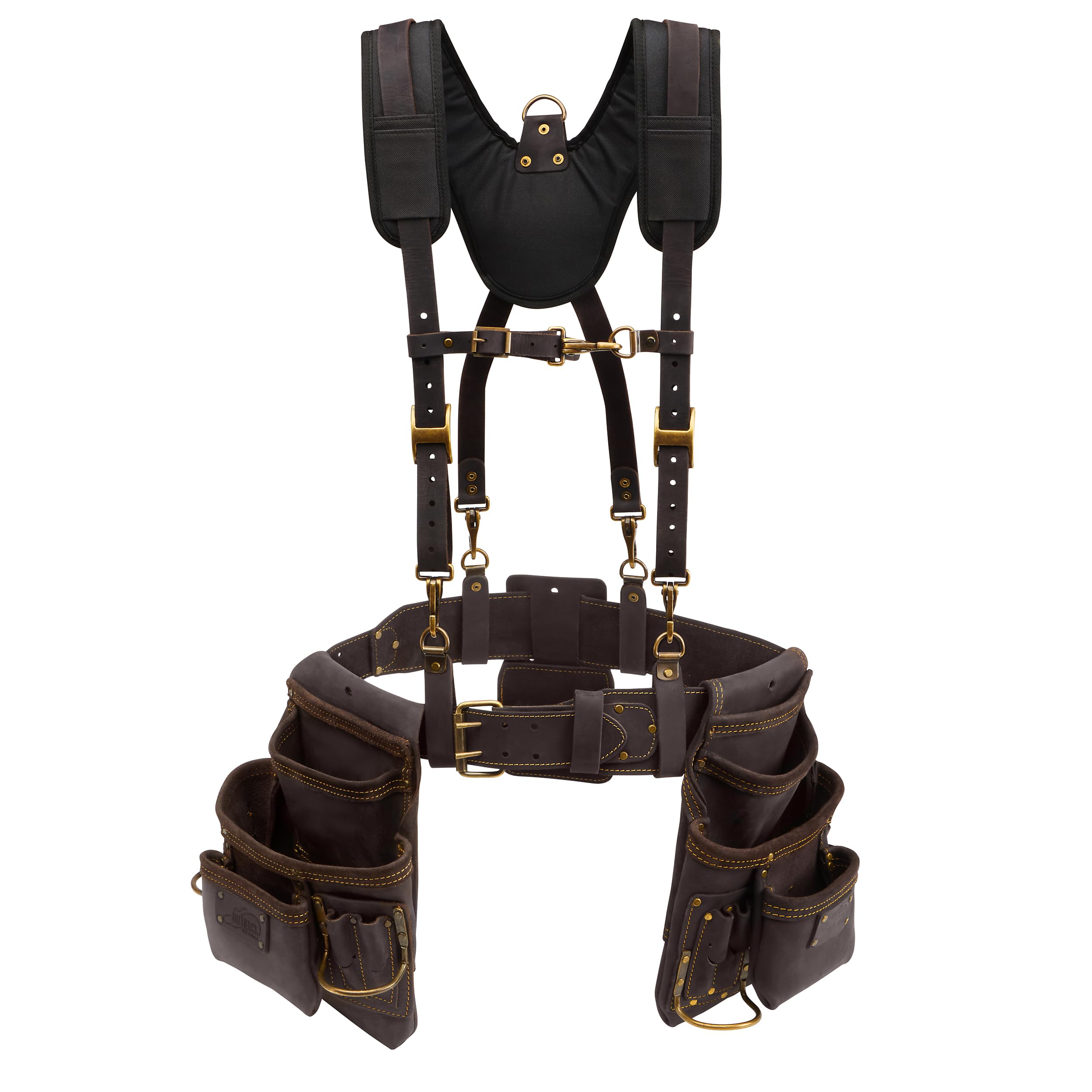 OX Pro leather framing rig with padded suspenders for all-day comfort on site.