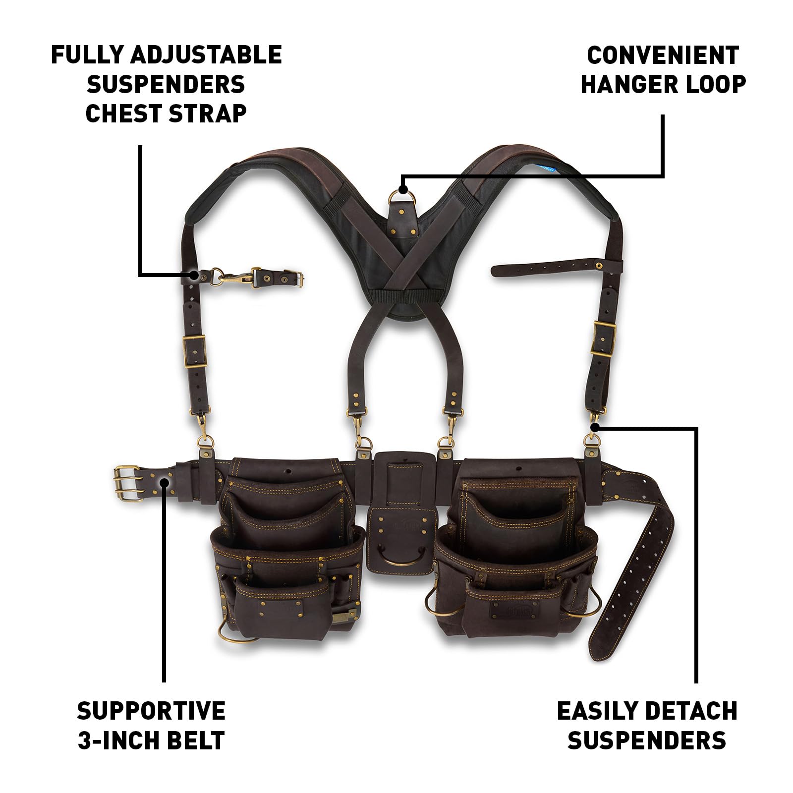 OX Pro oil-tanned leather tool belt offers durable support during framing sessions.