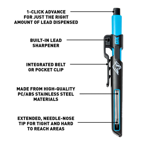 OX Tools needle-nose tip enables marking in tight spaces during framing tasks.