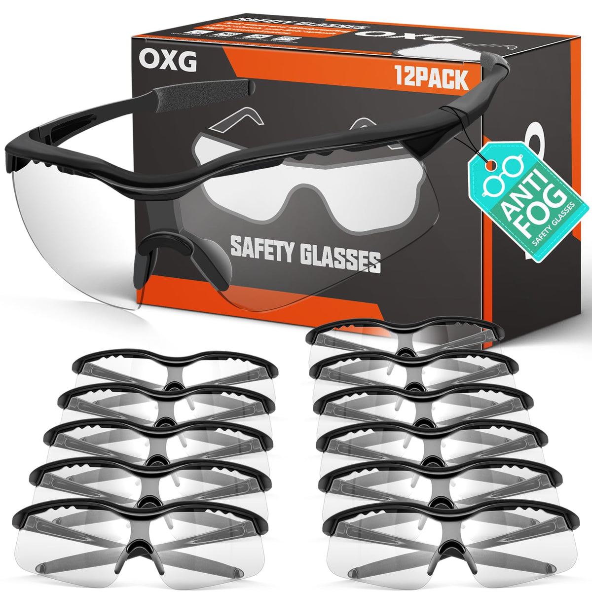 OXG 12-pack anti-fog safety glasses with clear lenses for durable eye protection.