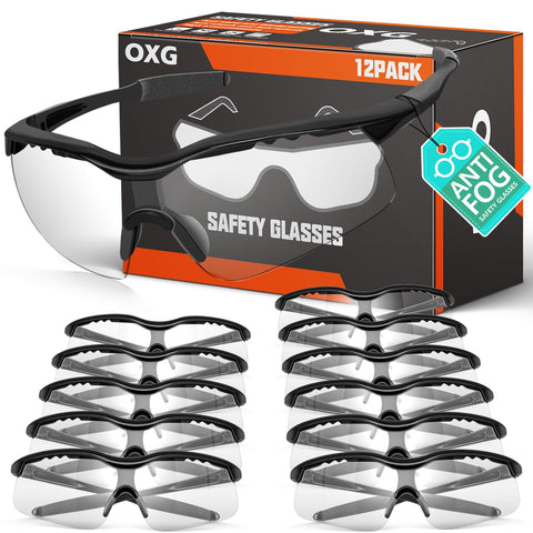 OXG 12-pack anti-fog safety glasses with clear lenses for durable eye protection.